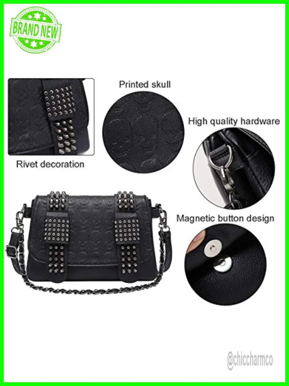 Women's PU Leather Skull Satchel Handbag Gothic Chain Shoulder Bag with